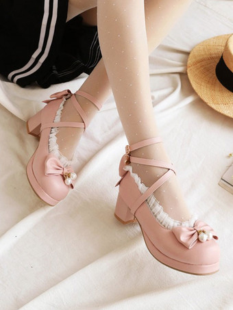 ロリータシューズリボンフリルPUレザーチャンキーヒール甘いロリータパンプス