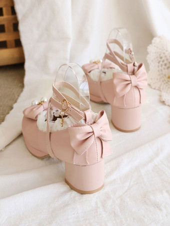 ロリータシューズリボンフリルPUレザーチャンキーヒール甘いロリータパンプス