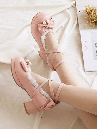 ロリータシューズリボンフリルPUレザーチャンキーヒール甘いロリータパンプス