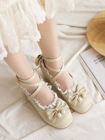 アイボリー ロリータシューズリボンフリルPUレザーチャンキーヒール甘いロリータパンプス