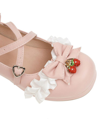 甘いロリータシューズリボンフリルイチゴラウンドトゥPUレザーロリータシューズ