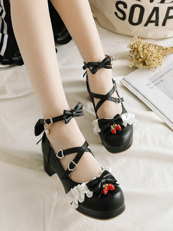 ブラック 甘いロリータシューズリボンフリルイチゴラウンドトゥPUレザーロリータシューズ