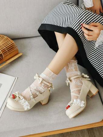 アイボリー 甘いロリータシューズリボンフリルイチゴラウンドトゥPUレザーロリータシューズ