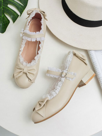 アイボリー 甘いロリータシューズ弓レースラウンドトゥPUレザーロリータパンプス