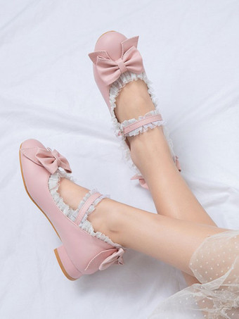 甘いロリータシューズ弓レースラウンドトゥPUレザーロリータパンプス