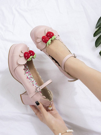 Lolita Chaussures Douces Rose Déco Fraise Talon Haut Carré Simple Mignon