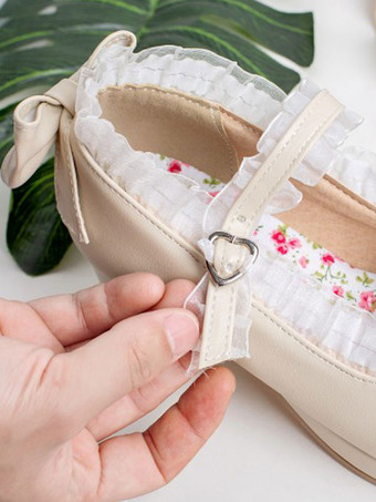 甘いロリータシューズピンクの弓PUレザー分厚いヒールロリータパンプス