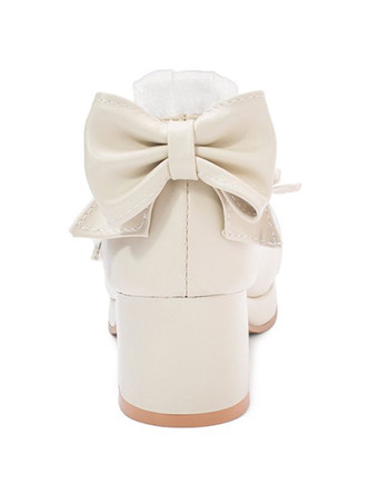 甘いロリータシューズピンクの弓PUレザー分厚いヒールロリータパンプス