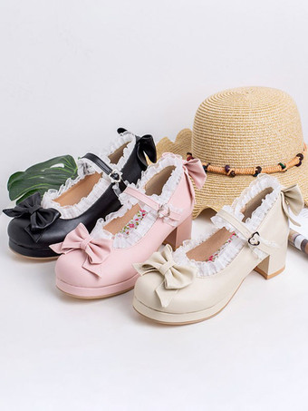 甘いロリータシューズピンクの弓PUレザー分厚いヒールロリータパンプス