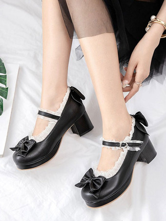 ブラック 甘いロリータシューズピンクの弓PUレザー分厚いヒールロリータパンプス