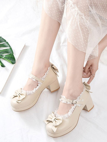 アイボリー 甘いロリータシューズピンクの弓PUレザー分厚いヒールロリータパンプス