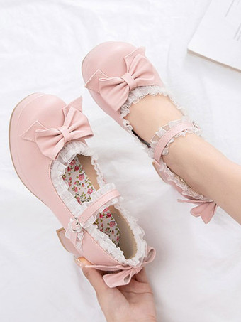 甘いロリータシューズピンクの弓PUレザー分厚いヒールロリータパンプス