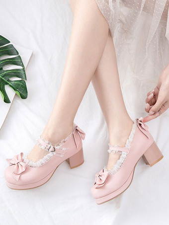 甘いロリータシューズピンクの弓PUレザー分厚いヒールロリータパンプス