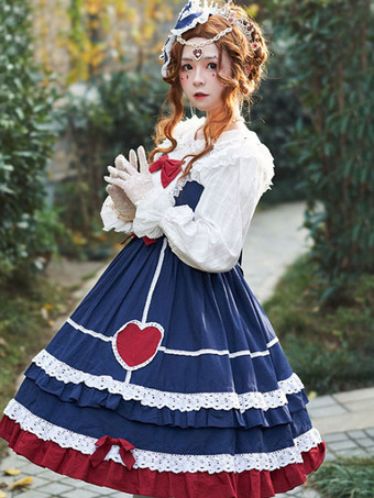 ロイヤルブルー甘いロリータJSKドレスネバーランド弓フリルロリータジャンパースカート