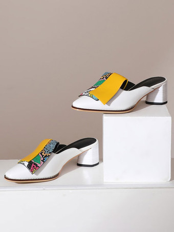 レディースミュールクロッグPUレザースクエアトゥミッドヒールスネークプリントシューズスリッポンミュール