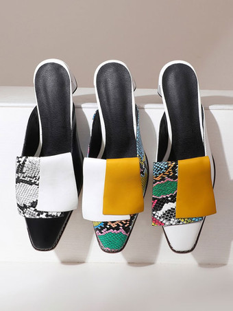 レディースミュールクロッグPUレザースクエアトゥミッドヒールスネークプリントシューズスリッポンミュール