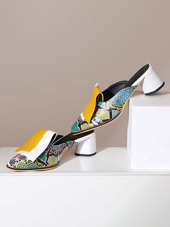 レディースミュールクロッグPUレザースクエアトゥミッドヒールスネークプリントシューズスリッポンミュール