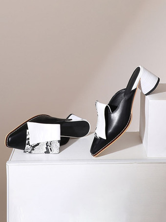 レディースミュールクロッグPUレザースクエアトゥミッドヒールスネークプリントシューズスリッポンミュール