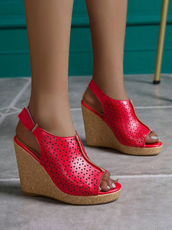 レッド PUレザースリングバックウェッジサンダルを魅力的な女性のためのウェッジサンダル