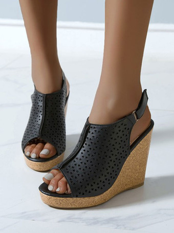 ブラック PUレザースリングバックウェッジサンダルを魅力的な女性のためのウェッジサンダル