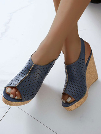 ブルー PUレザースリングバックウェッジサンダルを魅力的な女性のためのウェッジサンダル