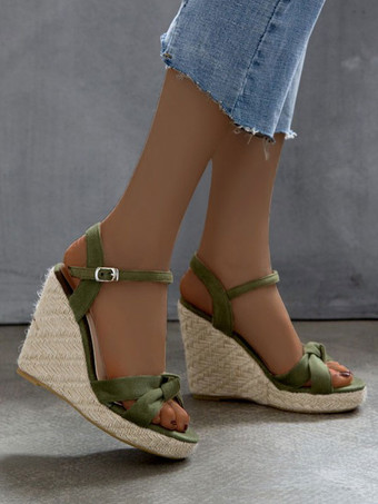 ハンターグリーン 女性のウェッジサンダル魅力的なマイクロスエードアッパー丸いつま先サンダル