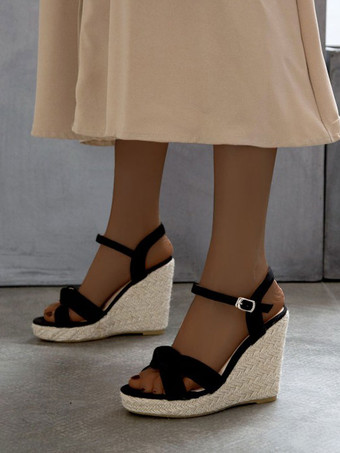女性のウェッジサンダル魅力的なマイクロスエードアッパー丸いつま先サンダル