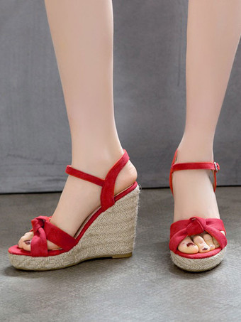 レッド 女性のウェッジサンダル魅力的なマイクロスエードアッパー丸いつま先サンダル