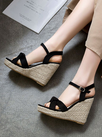 ブラック 女性のウェッジサンダル魅力的なマイクロスエードアッパー丸いつま先サンダル
