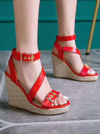女性のためのウェッジサンダル魅力的なPUレザー金属の詳細丸いつま先ウェッジサンダル