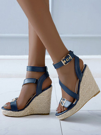 ブルー 女性のためのウェッジサンダル魅力的なPUレザー金属の詳細丸いつま先ウェッジサンダル