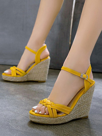 Sandalias de cuña para mujer Preciosas sandalias de cuero de de punta redonda