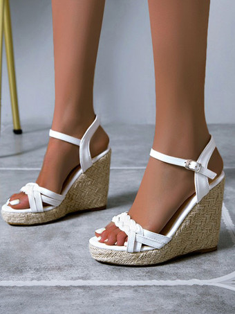 Sandalias de cuña para mujer Preciosas sandalias de cuero de de punta redonda