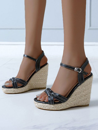 negro Sandalias de cuña para mujer Preciosas sandalias de cuero de de punta redonda