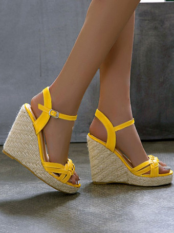 AmarilloSandalias de cuña para mujer Preciosas sandalias de cuero de de punta redonda