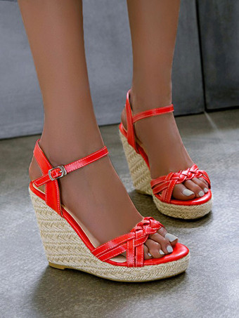 rojo Sandalias de cuña para mujer Preciosas sandalias de cuero de de punta redonda