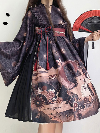 Japanese Lolita OP Dress Kimono Bows Long Sleeve Lolita One Piece Dresses