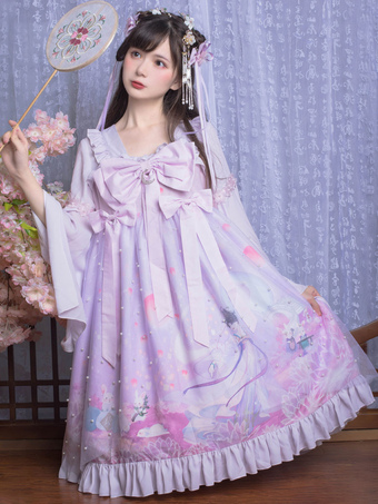 Chinese Style Lolita OP Dress Changer Flying To The Moon Lavender Bows Lolita One Piece Dresses
