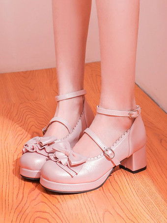 ピンク弓PUレザーチャンキーヒールロリータパンプススウィートロリータシューズ