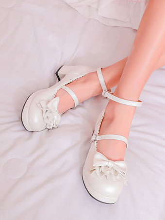 ホワイト 弓PUレザーチャンキーヒールロリータパンプススウィートロリータシューズ