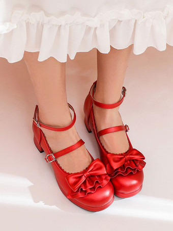 レッド 弓PUレザーチャンキーヒールロリータパンプススウィートロリータシューズ