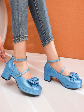 弓PUレザーチャンキーヒールロリータパンプススウィートロリータシューズ