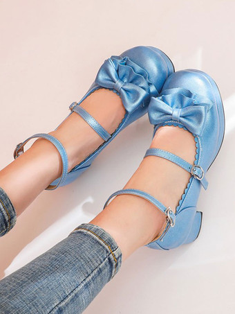 Sweet Lolita Shoes Bows Zapatos de tacón grueso de cuero PU Lolita