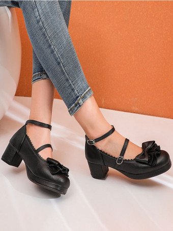 弓PUレザーチャンキーヒールロリータパンプススウィートロリータシューズ