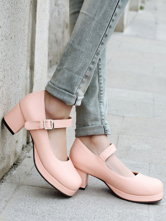 ピンクスウィートロリータ靴ラウンドトゥPUレザーアンクルストラップロリータパンプス