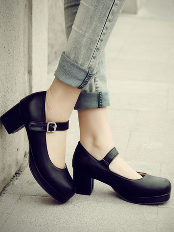 スウィートロリータ靴ラウンドトゥPUレザーアンクルストラップロリータパンプス