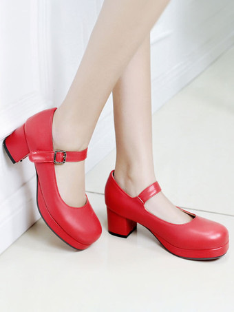 レッド スウィートロリータ靴ラウンドトゥPUレザーアンクルストラップロリータパンプス