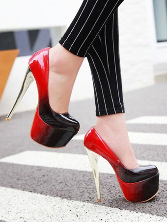 レッド 女性のセクシーなハイヒールの緑の丸いつま先のセクシーな靴