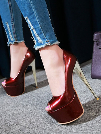 ワインレッド 女性のセクシーなハイヒールブルー丸いつま先セクシーな靴