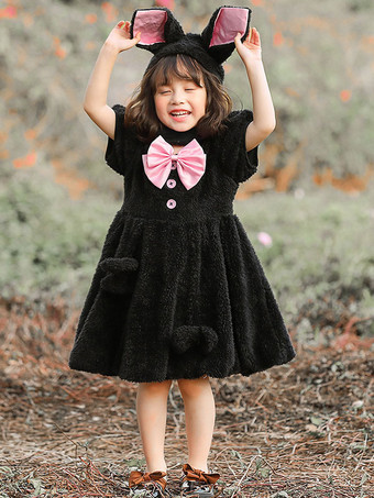 ブラック フードハット付きキッズドレスのハロウィンバニーコスチューム
